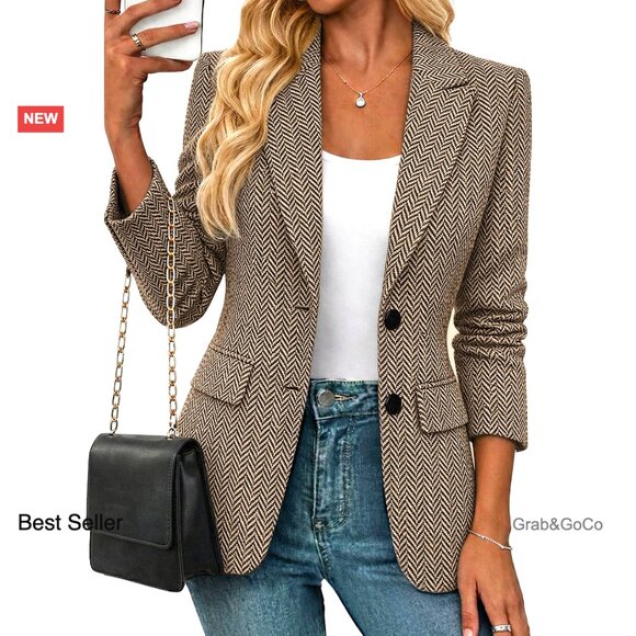 Jackets & Blazers - Herringbone Tweed Blazer Tailored Fit Notched Lapel Work Office Jacket Pockets